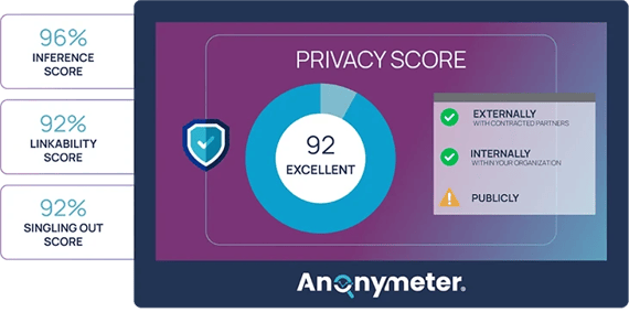 Graphic representation of Anonos Data Embassy showing the data privacy score that reflects a high level of financial data protection.