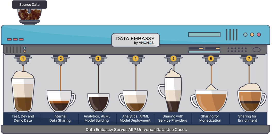 Like a specialty coffee system that makes different drinks from the same beans, Data Embassy transforms source data into protected variations, called Variant Twins, to support any use case for value creation.