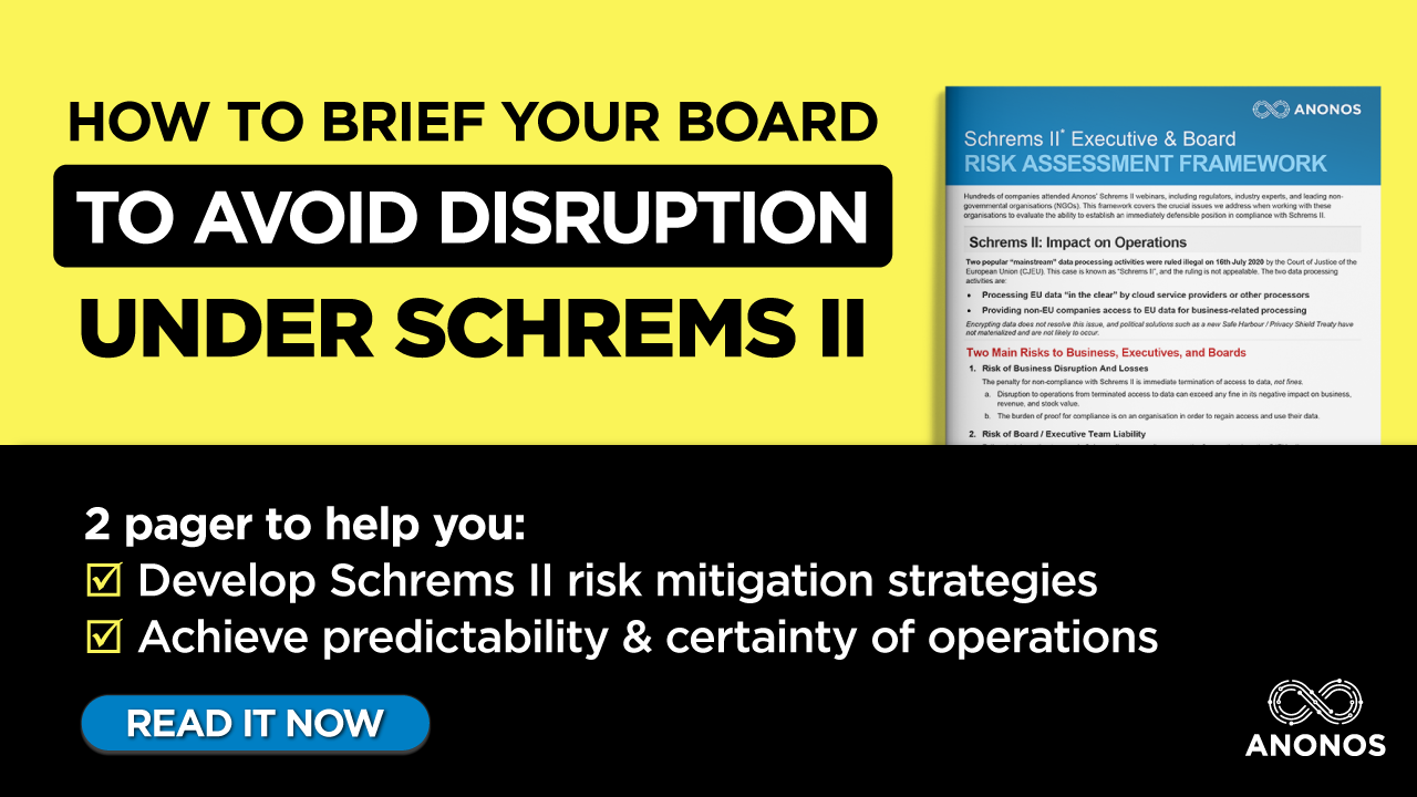 Anonos Releases Risk Assessment Framework For Briefing Boards of Directors on Schrems II Risk Mitigation