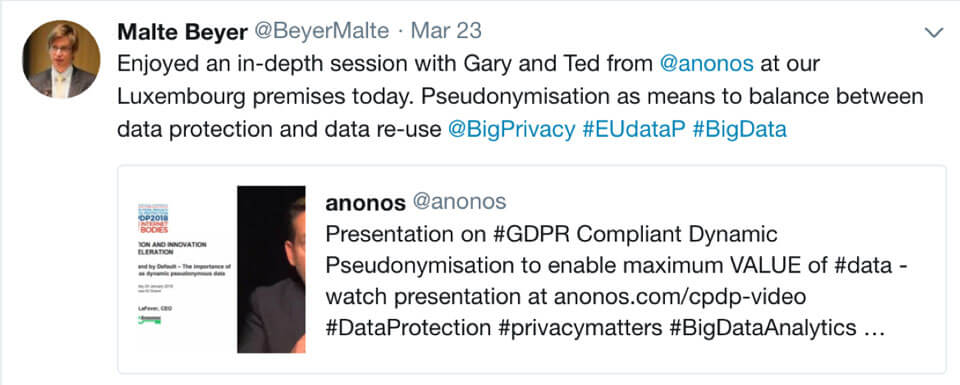 Enjoyed an in-depth session with Gary and Ted from @anonos at our Luxembourg premises today. Pseudonymisation as means to balance between data protection and data re-use @BigPrivacy