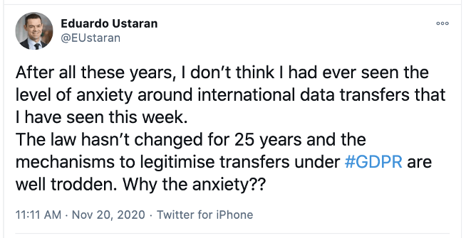 After all these years, I don't think I had ever seen the level of anxiety aroung international data transfers that I have seen this week. The Law hasn't changed for 25 years and the mechanisms to legitimise transfers under #GDPR are well trodden. Why the anxiety??