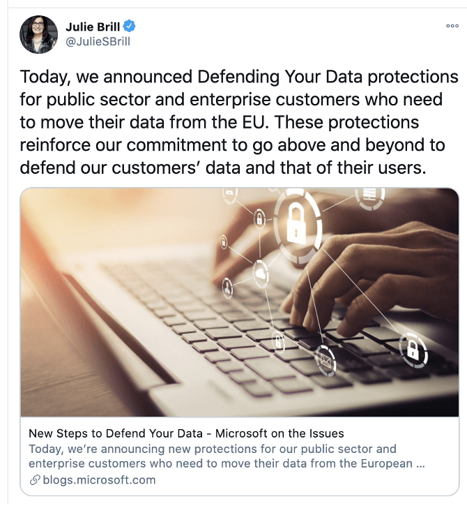 Today, we announced Defending Your Data protections for public sector and enterprise customers who need to move their data from the EU. These protections reinforce our commitment to go above and beyond to defend our customers data and that of their users.