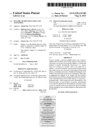 Patent US 9,129,133 (2015) - DYNAMIC DE-IDENTIFICATION AND ANONYMITY