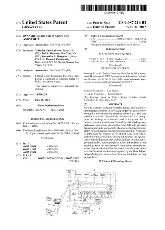 Patent US 9,087,216 (2015) - DYNAMIC DE-IDENTIFICATION AND ANONYMITY