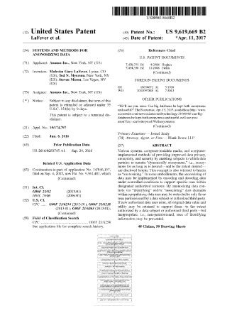 Patent US 9,619,669 (2017) - SYSTEMS AND METHODS FOR ANONOSIZING DATA