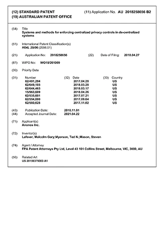 AU 2018258656 B2 patent cover